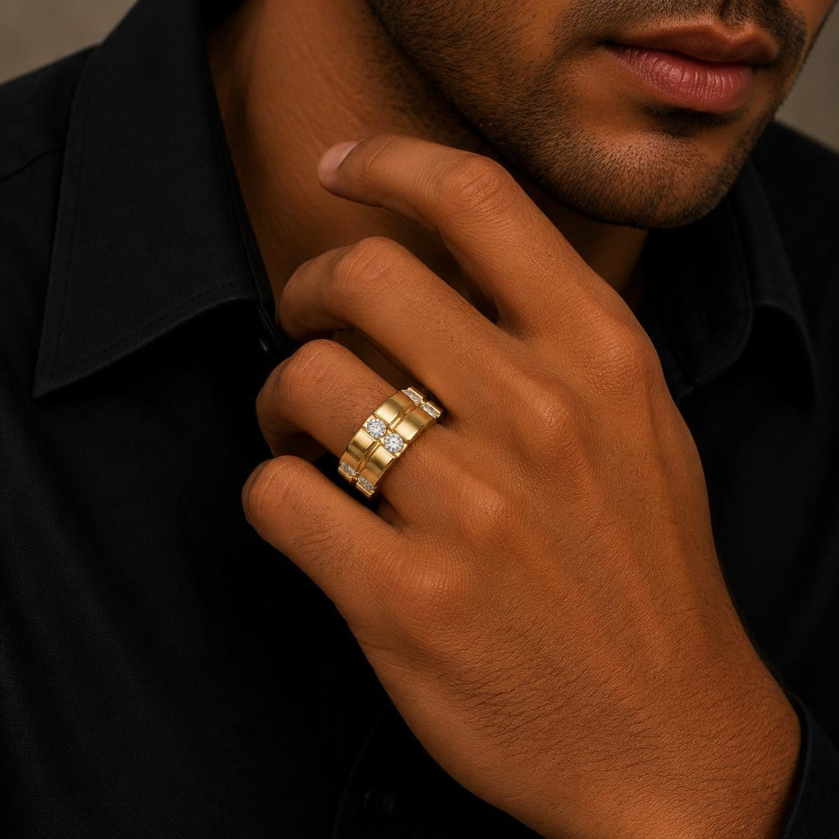 Men's Wide Band with Twin Pavé Bars – 925 Sterling Silver, 18K Gold Vermeil