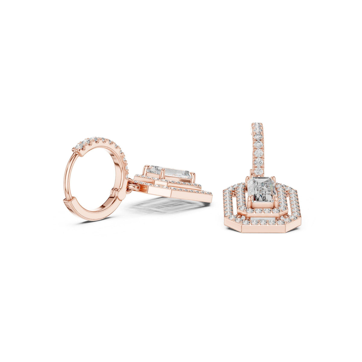 Emerald-Cut Moissanite Double-Halo Drop Earrings – 925 Sterling Silver, 18K Gold Vermeil