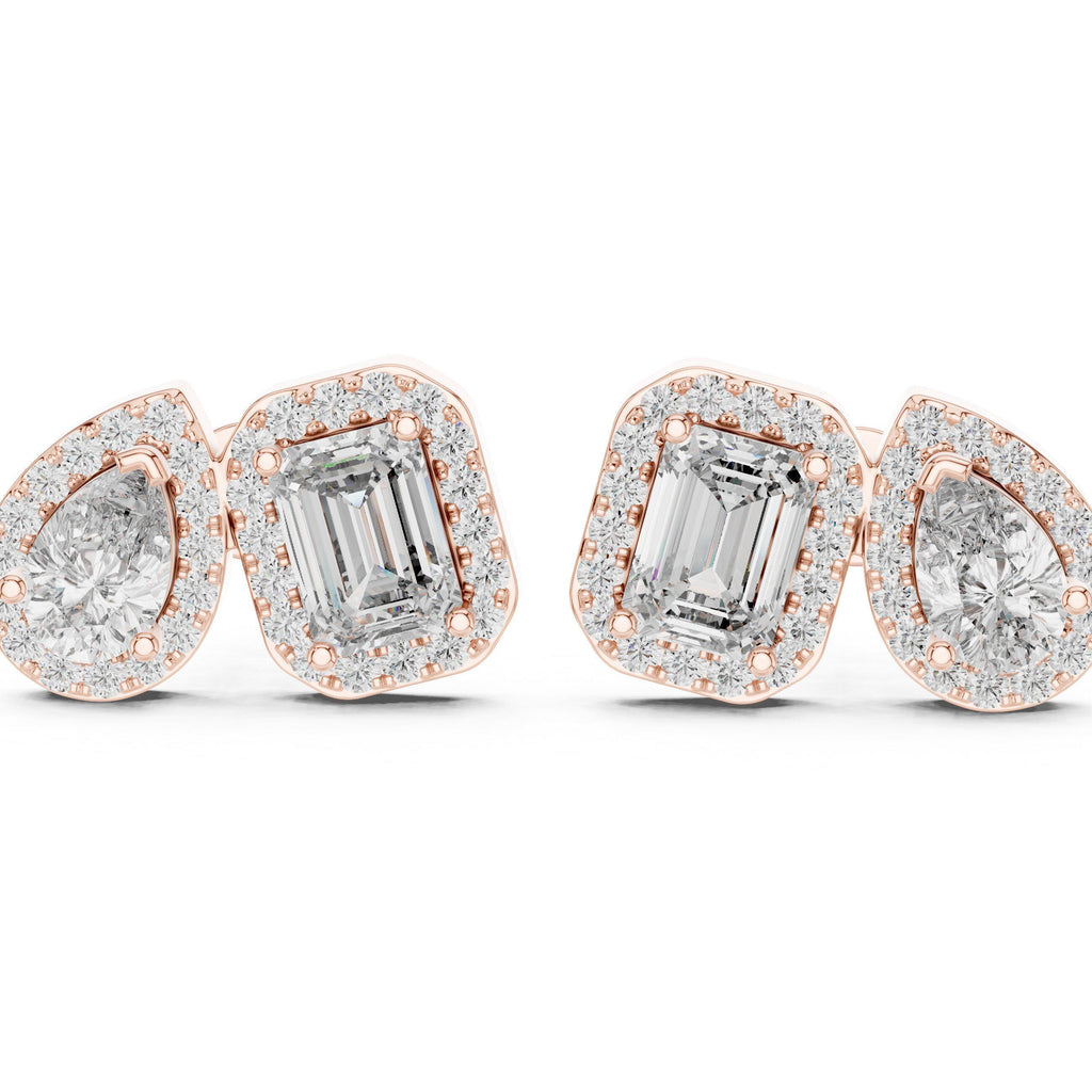 Pear & Emerald-Cut Moissanite Halo Toi et Moi Stud Earrings – 925 Sterling Silver, 18K Gold Vermeil
