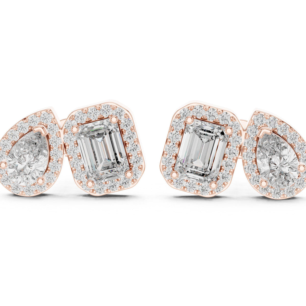 Pear & Emerald-Cut Moissanite Halo Toi et Moi Stud Earrings – 925 Sterling Silver, 18K Gold Vermeil