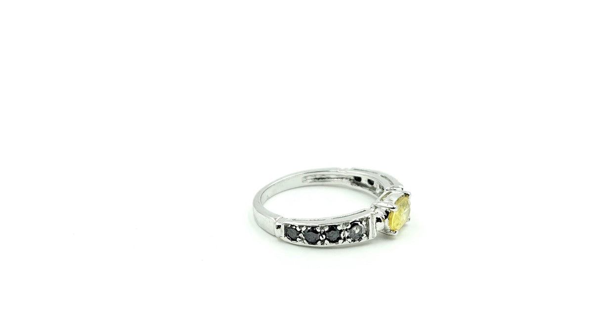 Oval Yellow Sapphire & Black Diamond Ring – 925 Sterling Silver, 18K White Gold Vermeil