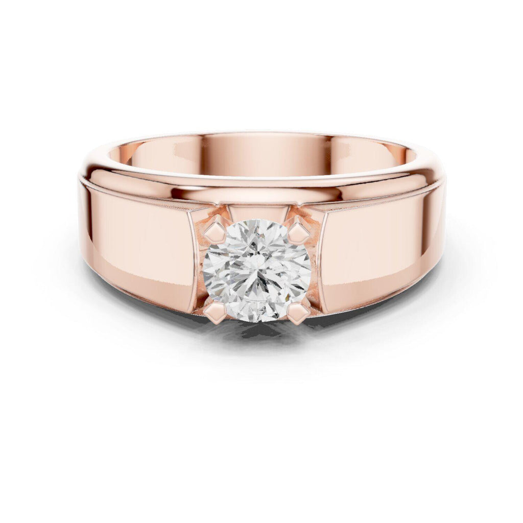 Men's Round Moissanite Four-Prong Ring, Wide Flat Band – 925 Sterling Silver, 18K Gold Vermeil