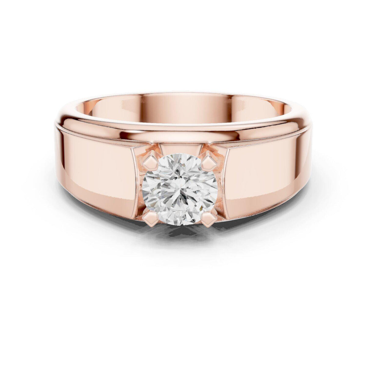 Men's Round Moissanite Four-Prong Ring, Wide Flat Band – 925 Sterling Silver, 18K Gold Vermeil
