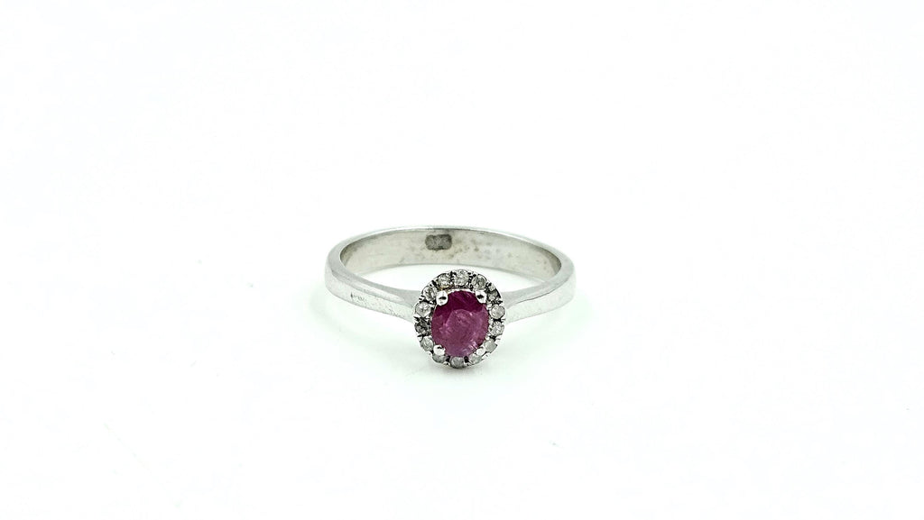 Oval Ruby Diamond-Halo Ring – 925 Sterling Silver, 18K White Gold Vermeil