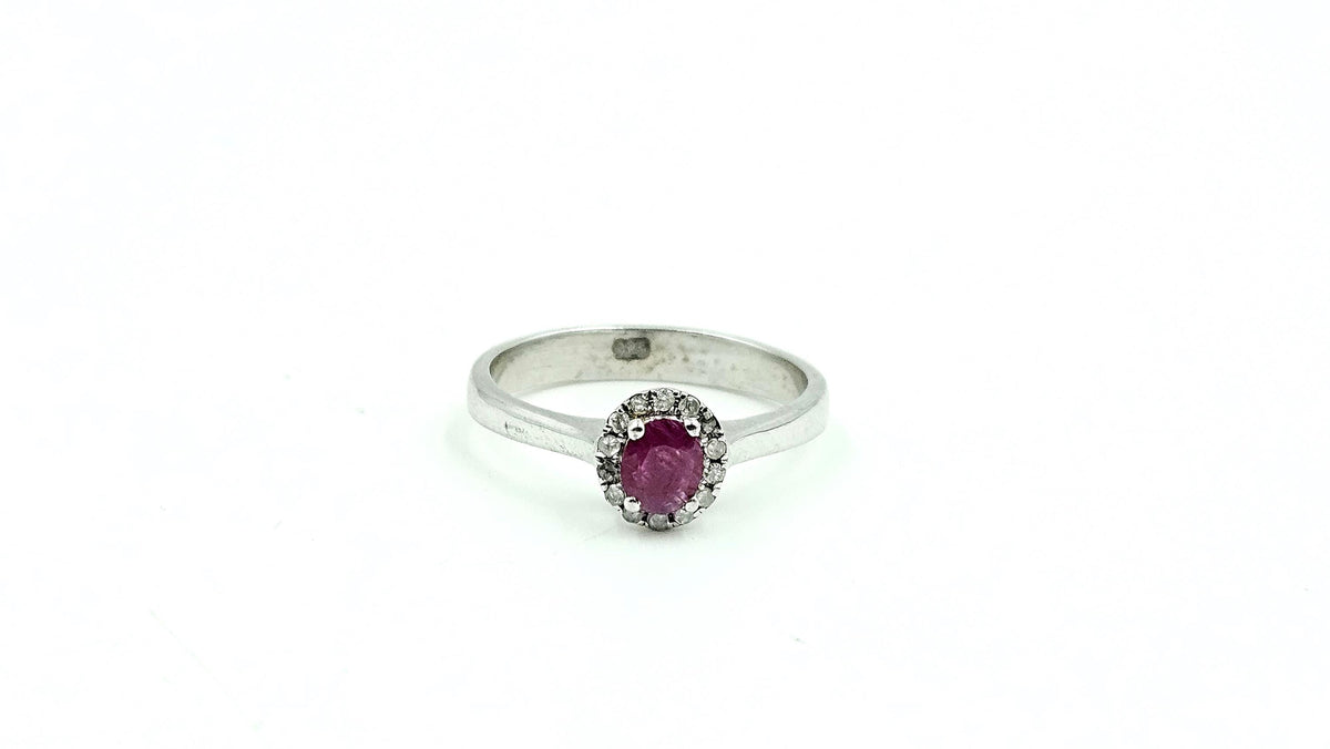 Oval Ruby Diamond-Halo Ring – 925 Sterling Silver, 18K White Gold Vermeil