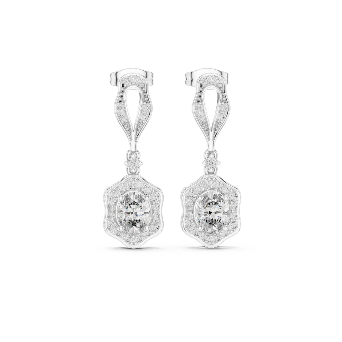 Oval Moissanite Vintage Halo Drop Earrings – 925 Sterling Silver, 18K Gold Vermeil