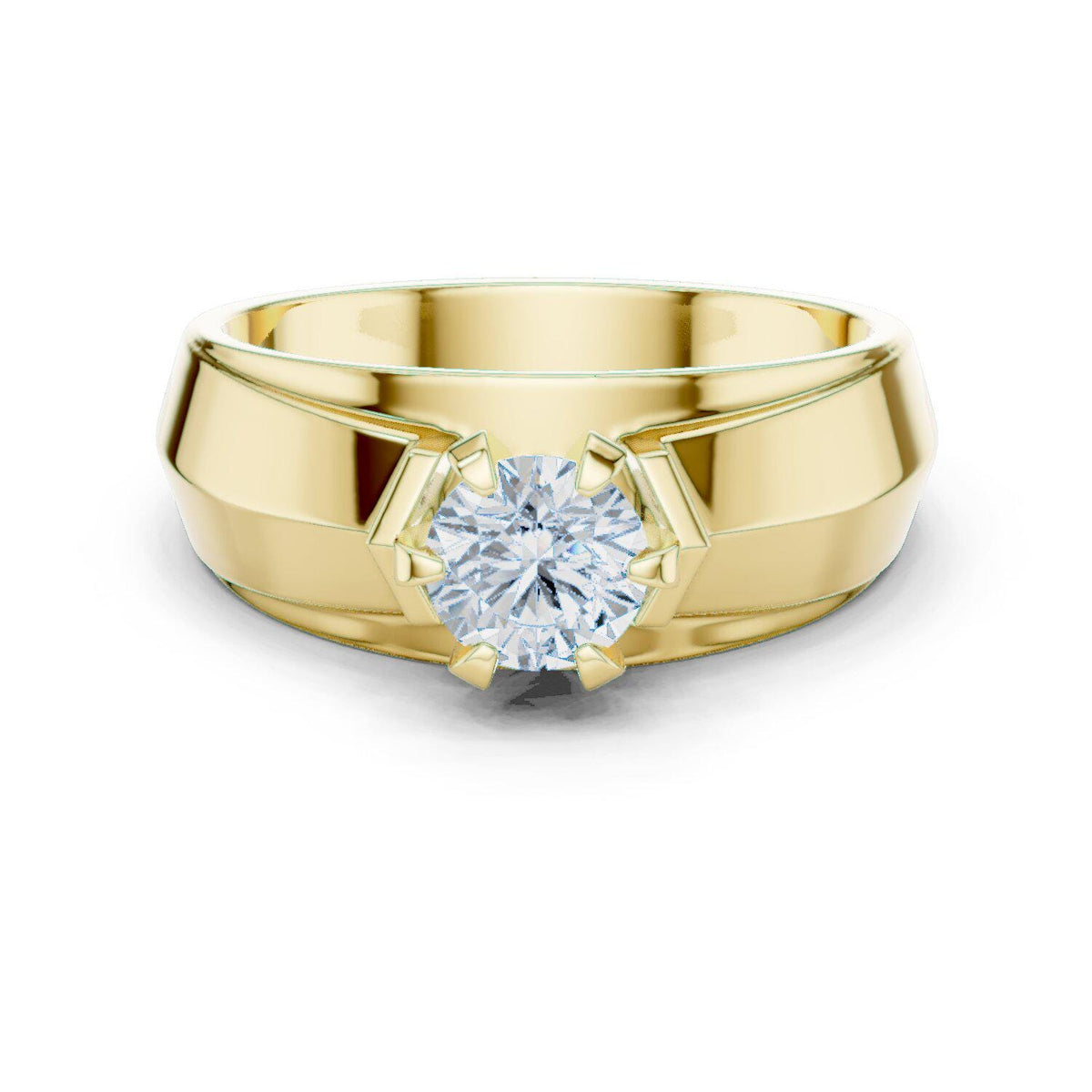 Men's Round Moissanite Ring, Split Angled Band – 925 Sterling Silver, 18K Gold Vermeil