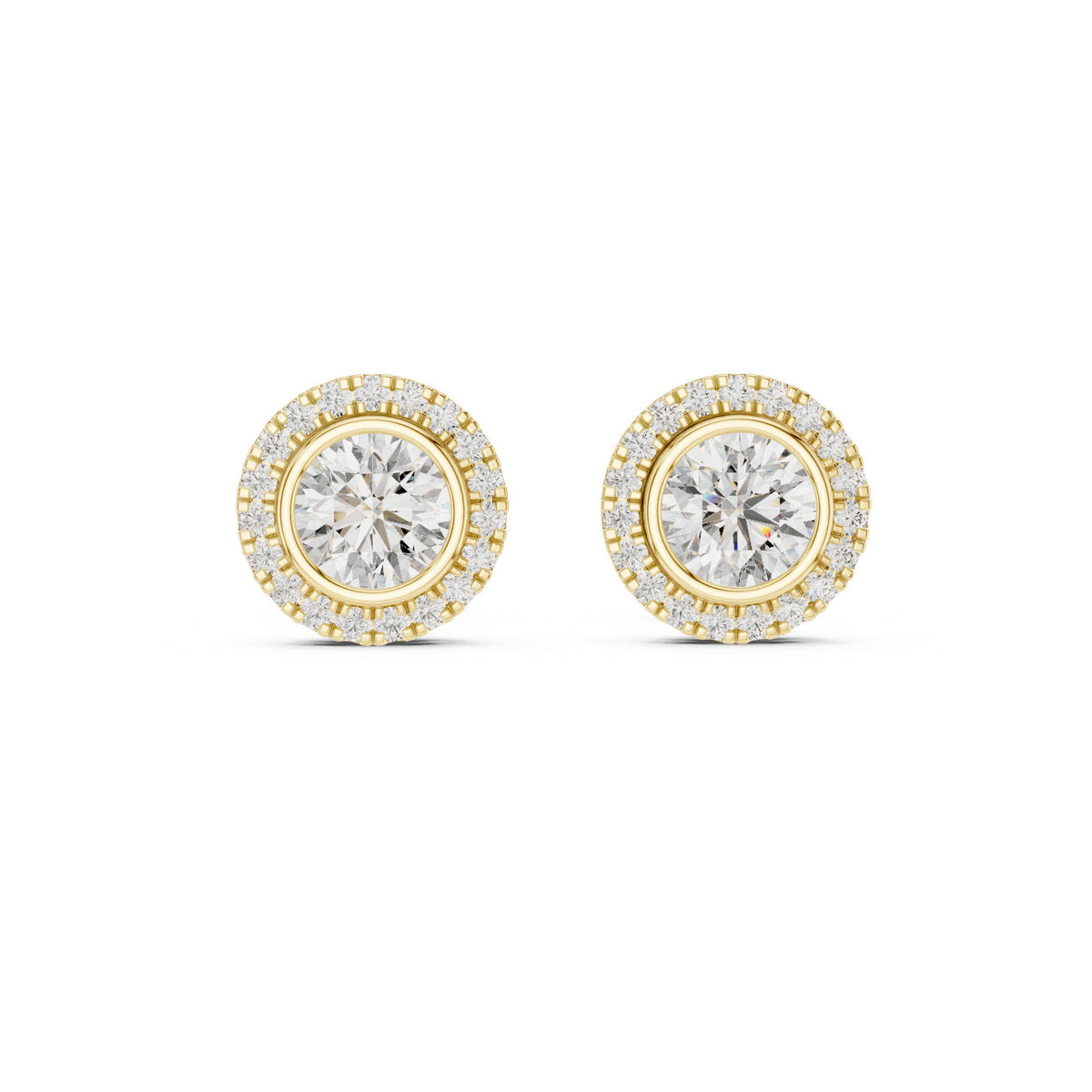 Round Moissanite Bezel Halo Stud Earrings – 925 Sterling Silver, 18K Gold Vermeil