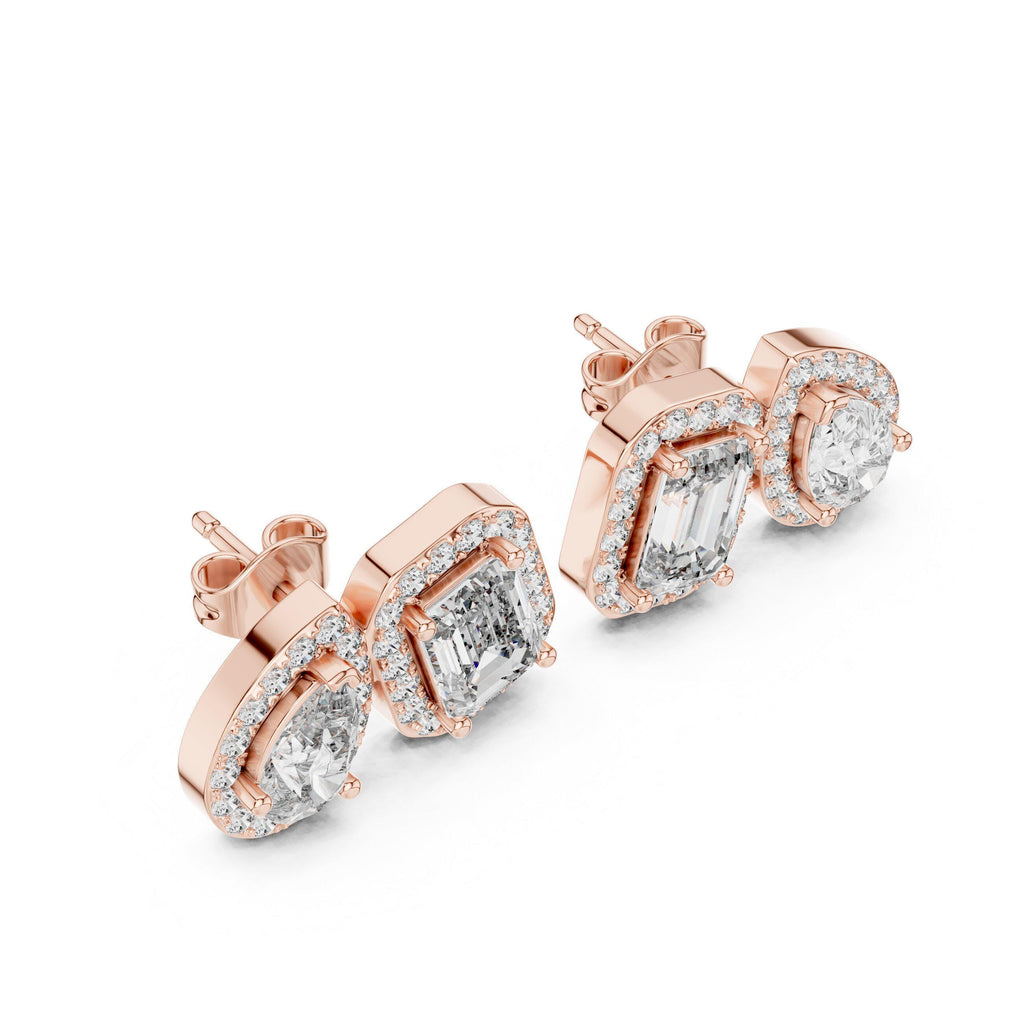 Pear & Emerald-Cut Moissanite Halo Toi et Moi Stud Earrings – 925 Sterling Silver, 18K Gold Vermeil