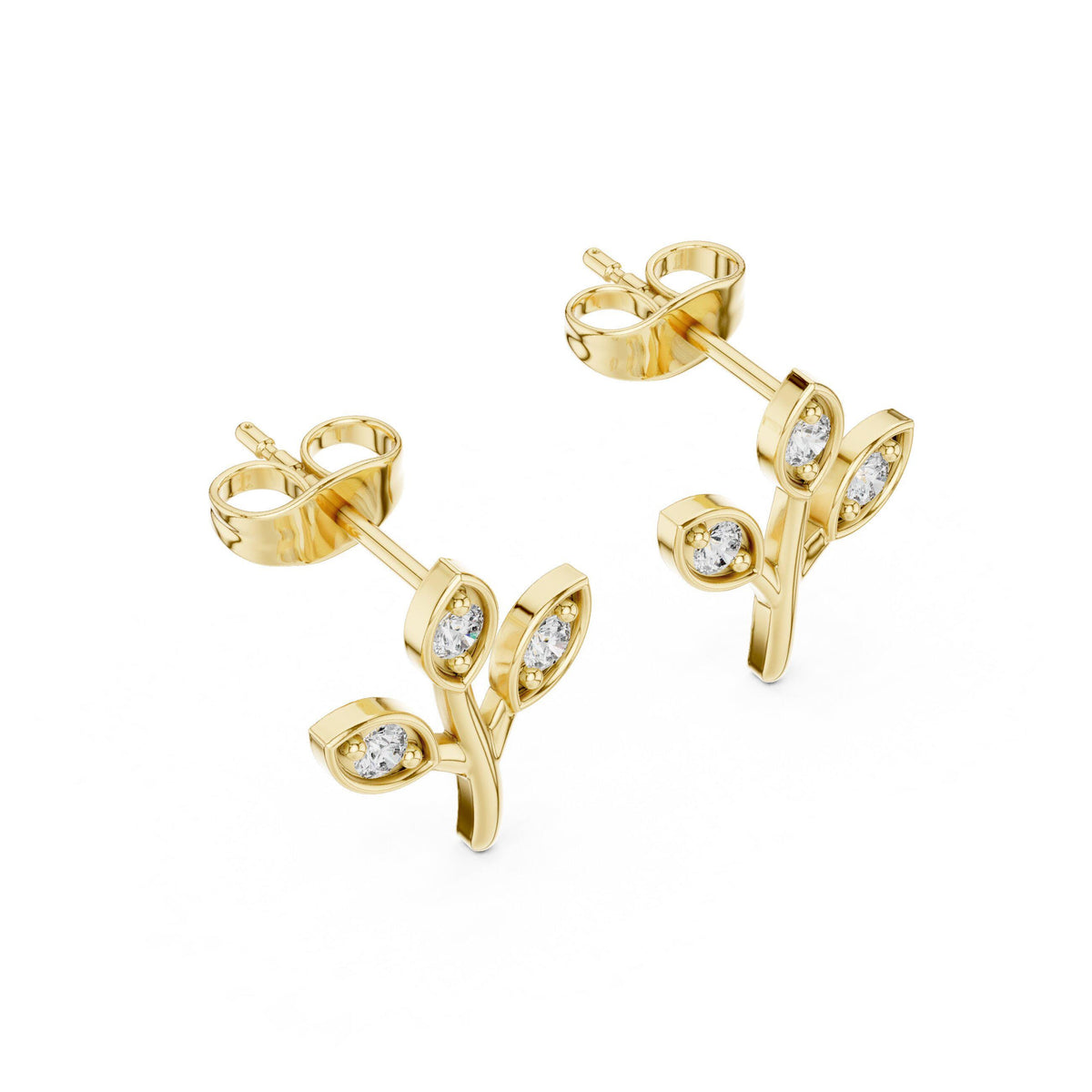 Moissanite Leaf Sprig Stud Earrings – 925 Sterling Silver, 18K Gold Vermeil