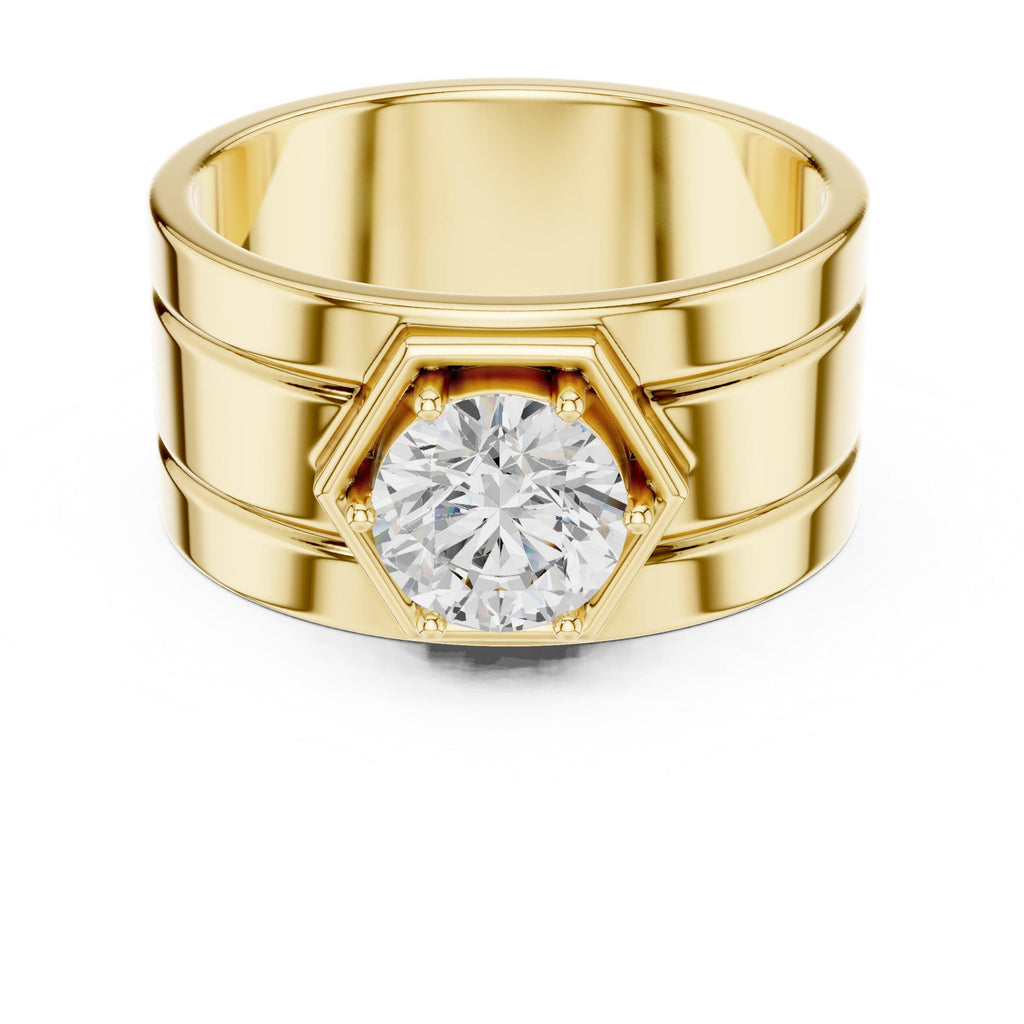 Men's Round Moissanite Ring with Hexagon Frame, Wide Band – 925 Sterling Silver, 18K Gold Vermeil