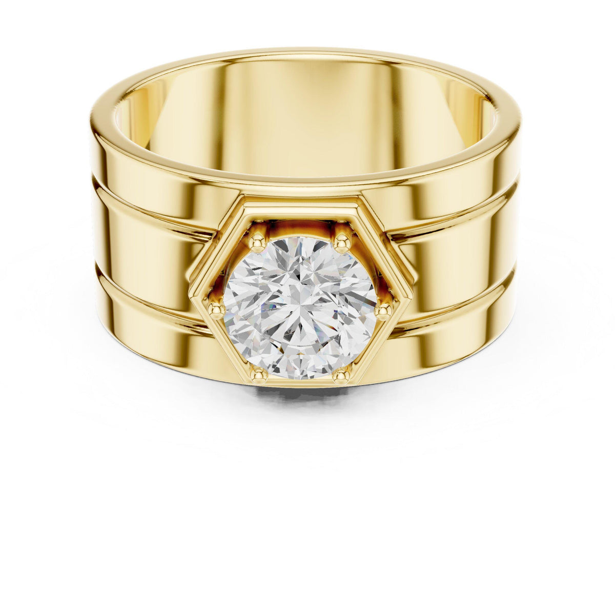 Men's Round Moissanite Ring with Hexagon Frame, Wide Band – 925 Sterling Silver, 18K Gold Vermeil