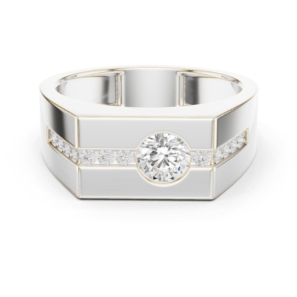 Men's Round Moissanite Ring with Channel Strip, Hexagon Top – 925 Sterling Silver, 18K Gold Vermeil