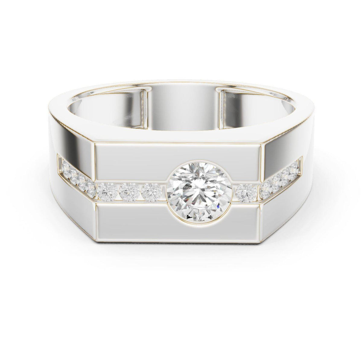 Men's Round Moissanite Ring with Channel Strip, Hexagon Top – 925 Sterling Silver, 18K Gold Vermeil