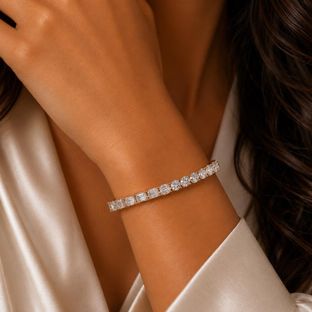 Emerald-Cut Moissanite Tennis Bracelet with Round Accents – 925 Sterling Silver, 18K Gold Vermeil