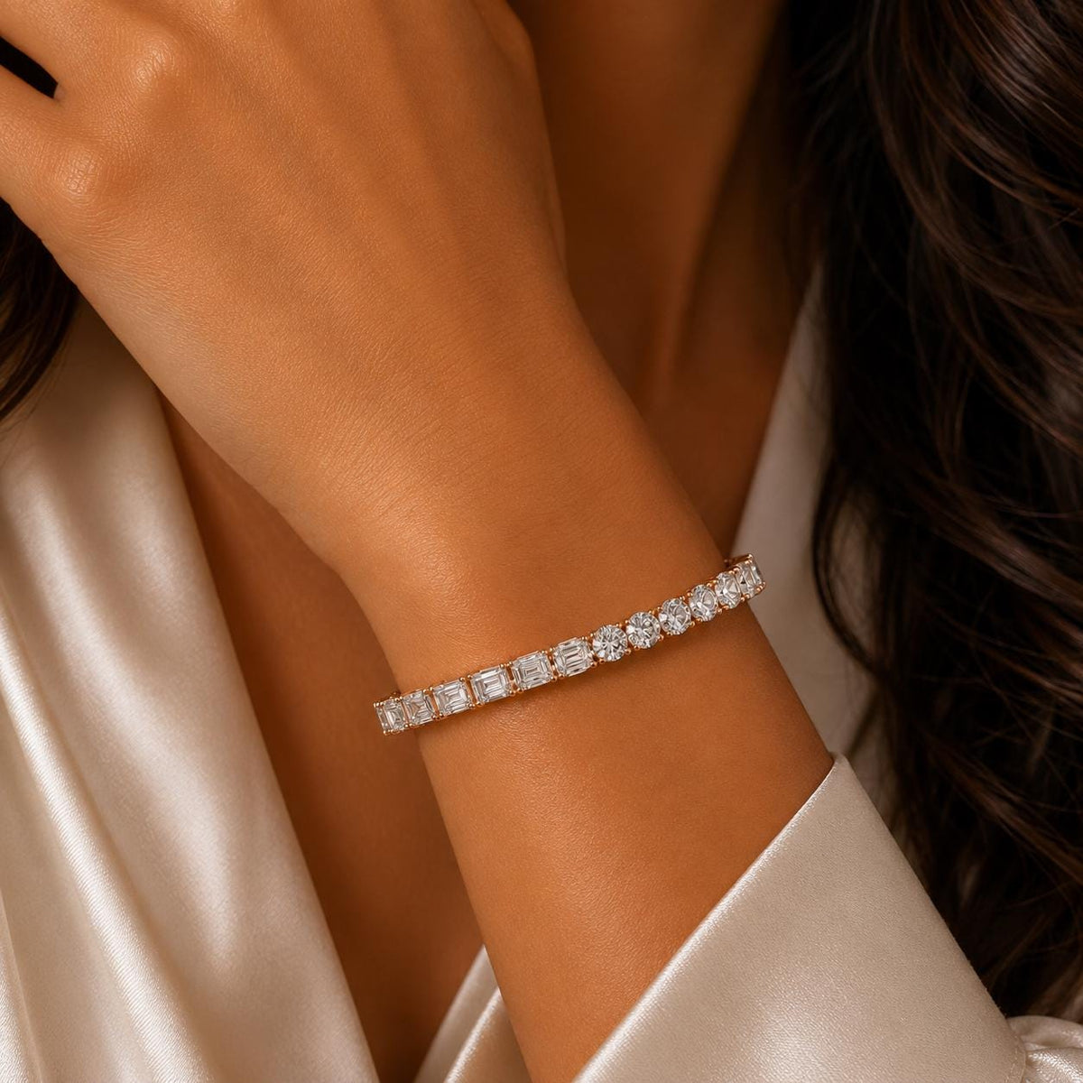 Emerald-Cut Moissanite Tennis Bracelet with Round Accents – 925 Sterling Silver, 18K Gold Vermeil