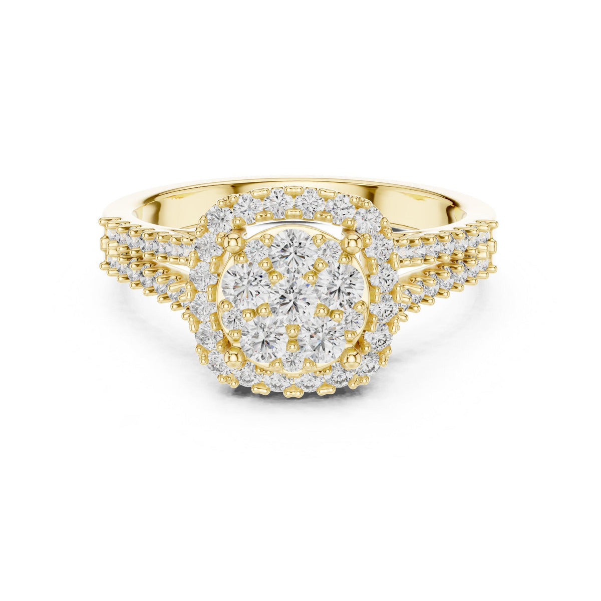 Cushion-Cluster Moissanite Halo Ring with Split Pavé Band – 925 Sterling Silver, 18K Gold Vermeil