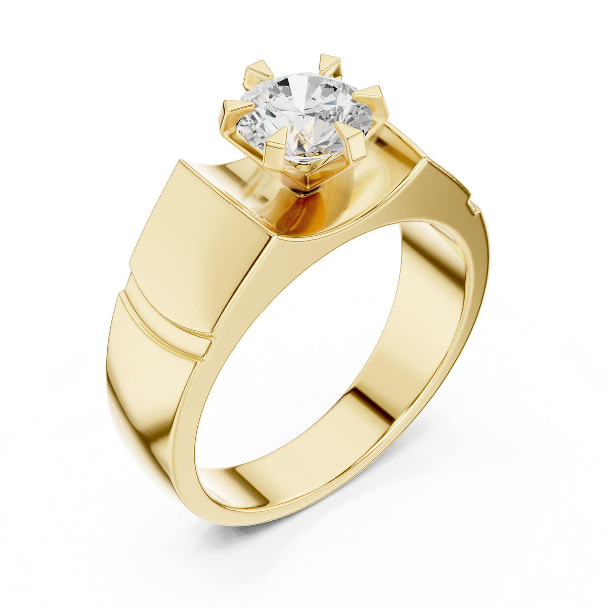 Men's Round Moissanite Ring, Angular Stepped Band – 925 Sterling Silver, 18K Gold Vermeil