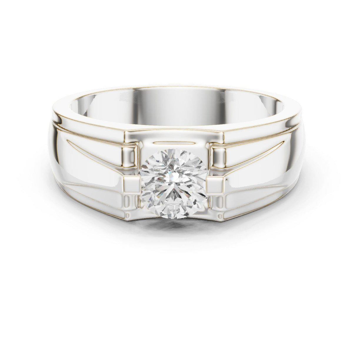 Men's Round Moissanite Ring, Stepped Square Setting – 925 Sterling Silver, 18K Gold Vermeil