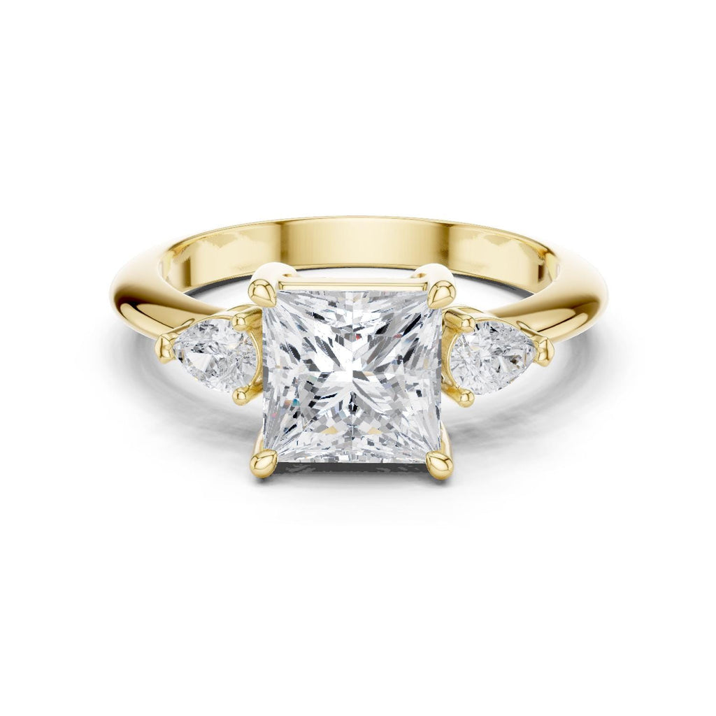 Princess-Cut Moissanite Three-Stone Ring with Pear Side Stones – 925 Sterling Silver, 18K Gold Vermeil