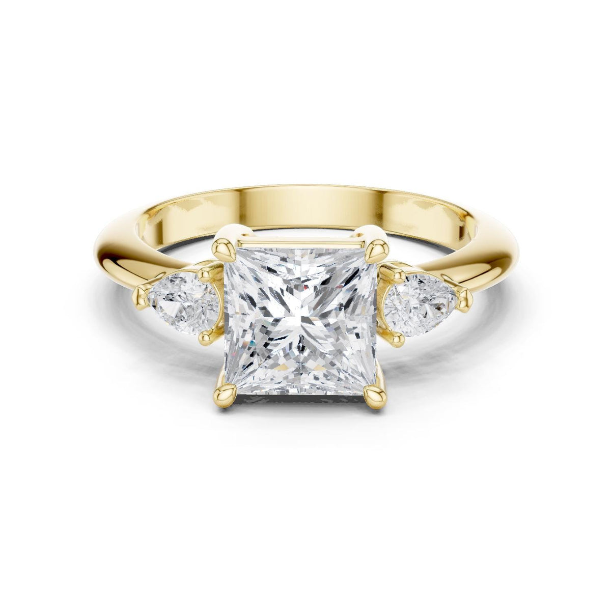 Princess-Cut Moissanite Three-Stone Ring with Pear Side Stones – 925 Sterling Silver, 18K Gold Vermeil
