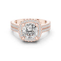 Cushion Moissanite Halo Ring with Triple-Row Pavé Band – 925 Sterling Silver, 18K Gold Vermeil