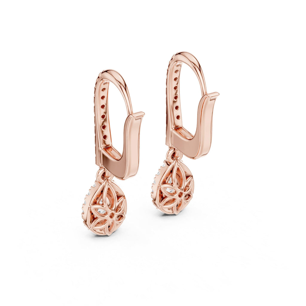 Pear Moissanite Halo Lever Drop Earrings – 925 Sterling Silver, 18K Gold Vermeil