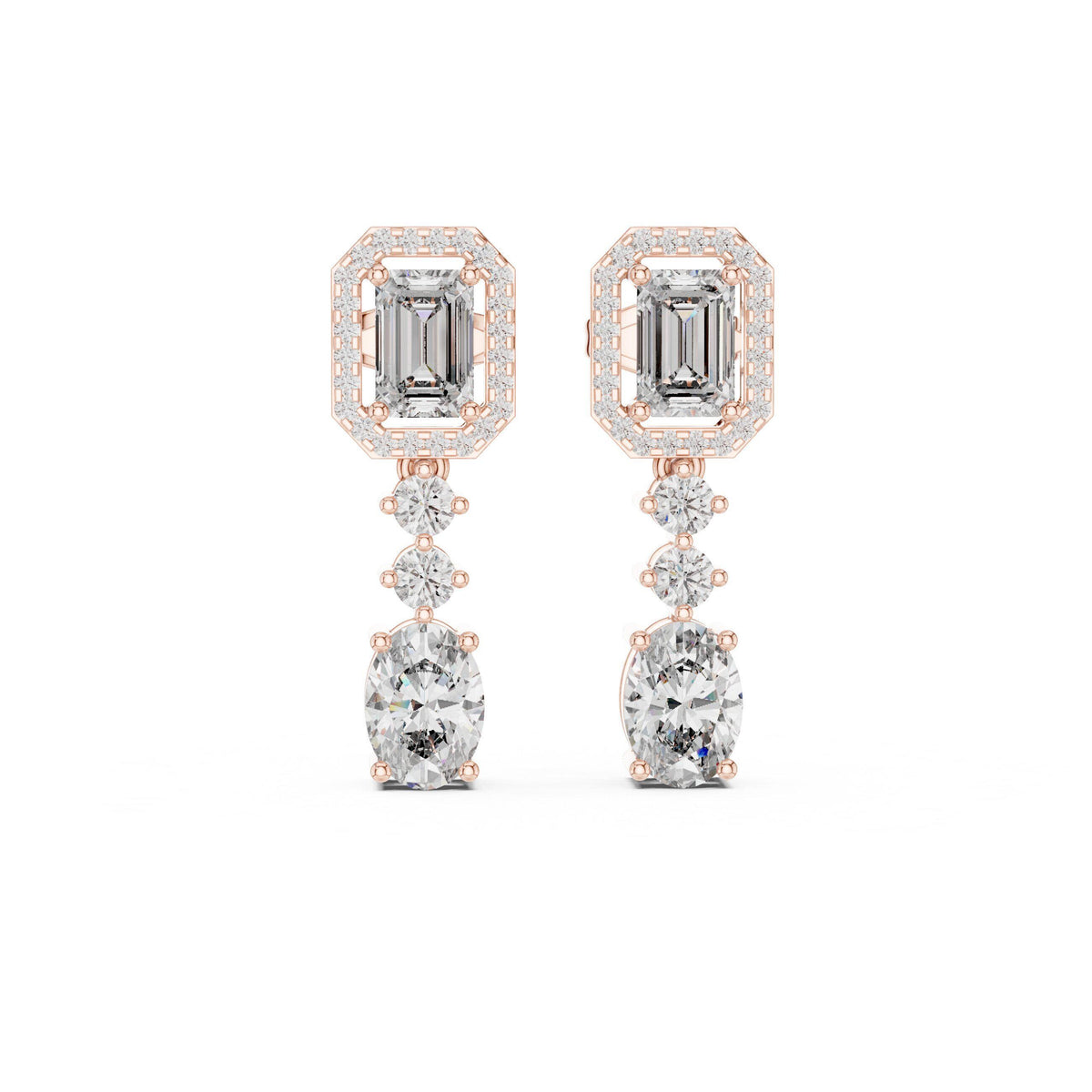 Emerald-Cut Halo Moissanite Drop Earrings – 925 Sterling Silver, 18K Gold Vermeil