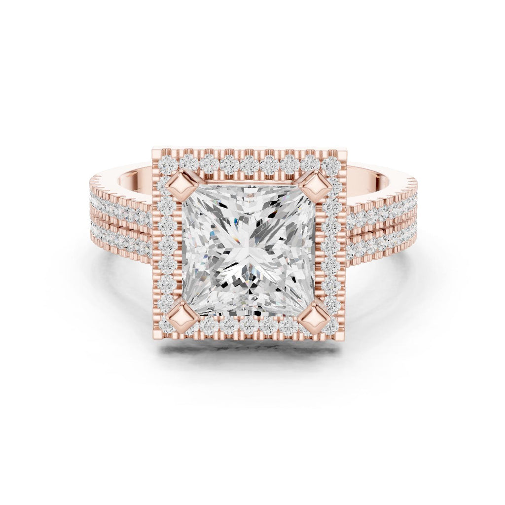 Princess-Cut Moissanite Halo Ring with Triple-Row Pavé Band – 925 Sterling Silver, 18K Gold Vermeil