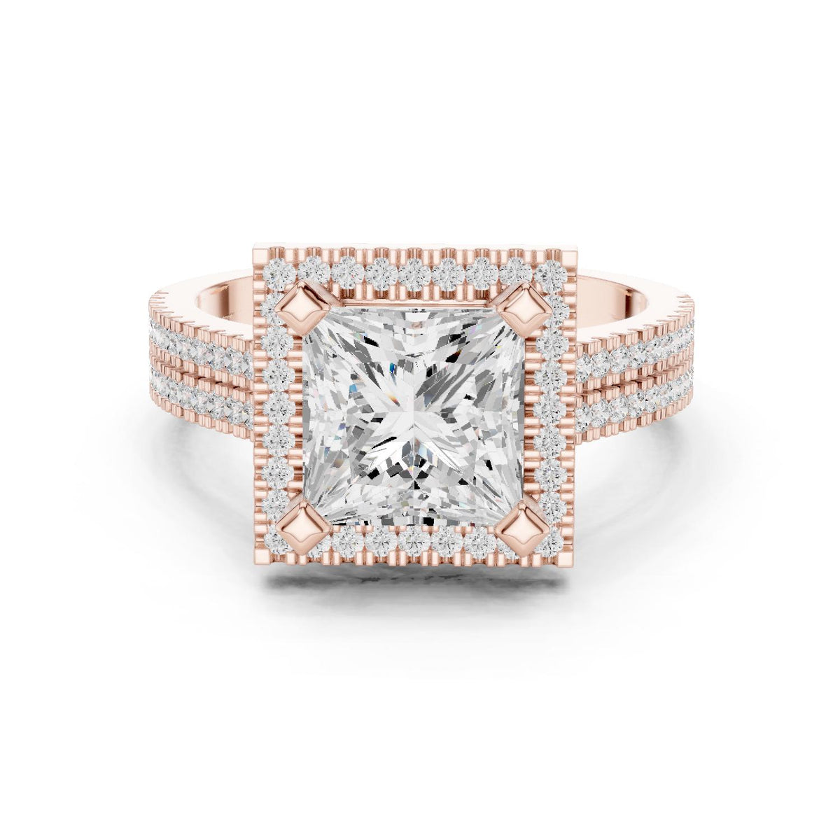 Princess-Cut Moissanite Halo Ring with Triple-Row Pavé Band – 925 Sterling Silver, 18K Gold Vermeil