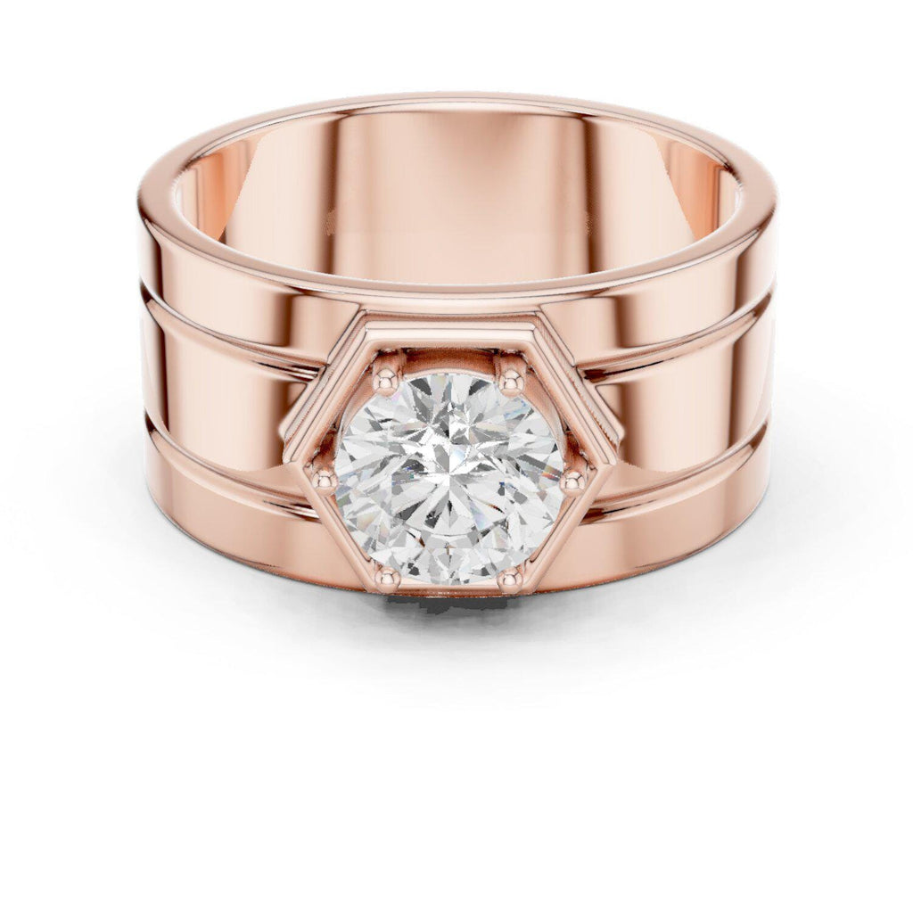 Men's Round Moissanite Ring with Hexagon Frame, Wide Band – 925 Sterling Silver, 18K Gold Vermeil