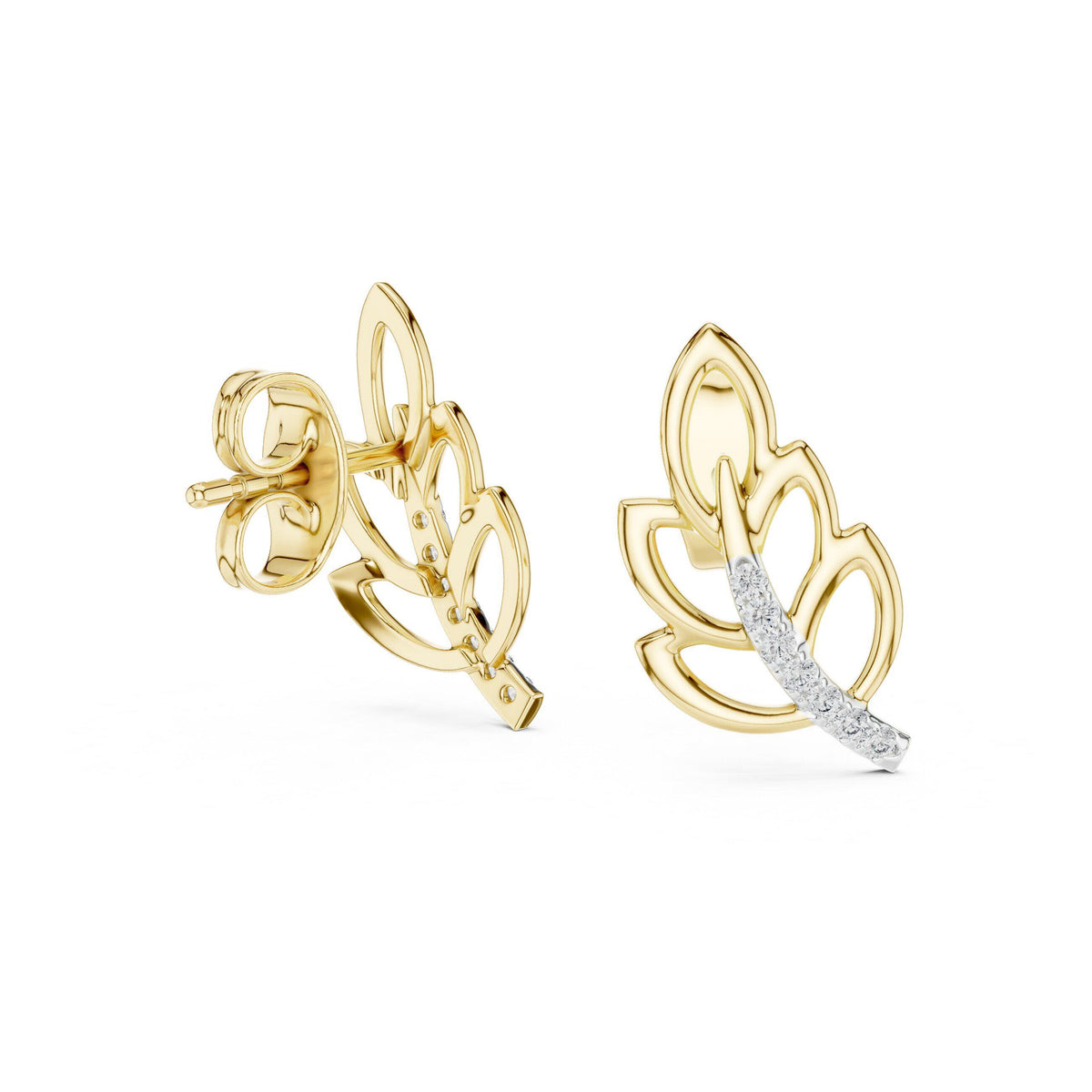 Moissanite Pavé Leaf Stud Earrings – 925 Sterling Silver, 18K Gold Vermeil
