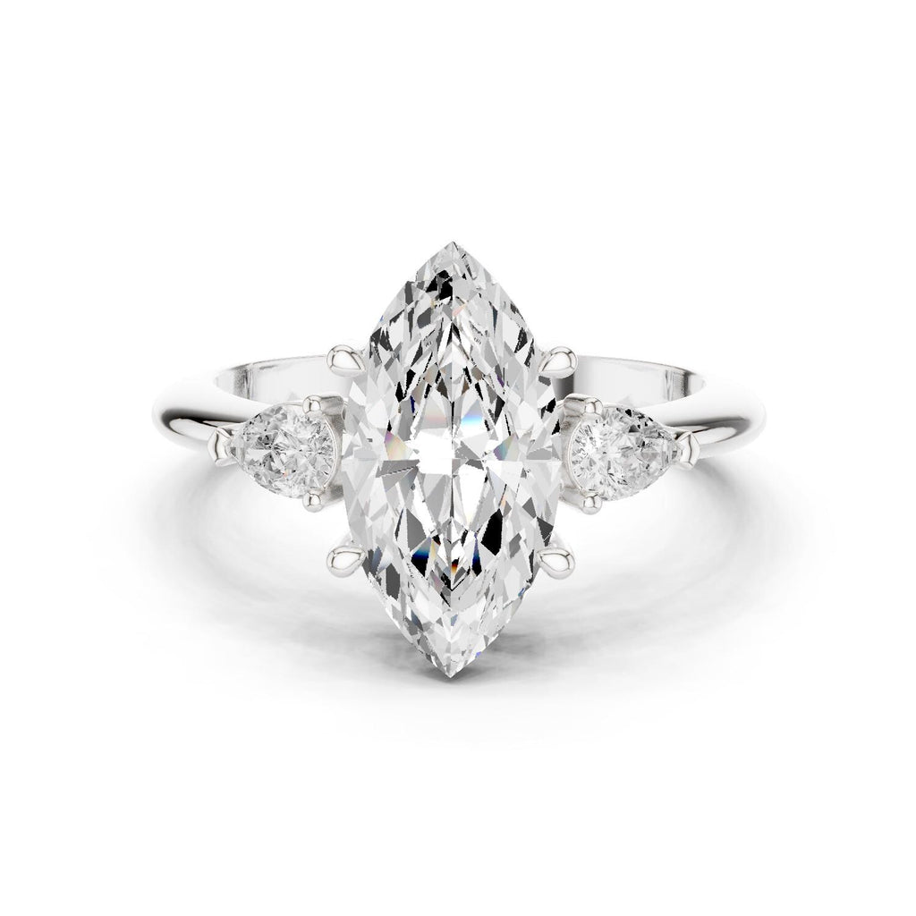 Marquise Moissanite Three-Stone Ring with Pear Side Stones – 925 Sterling Silver, 18K Gold Vermeil