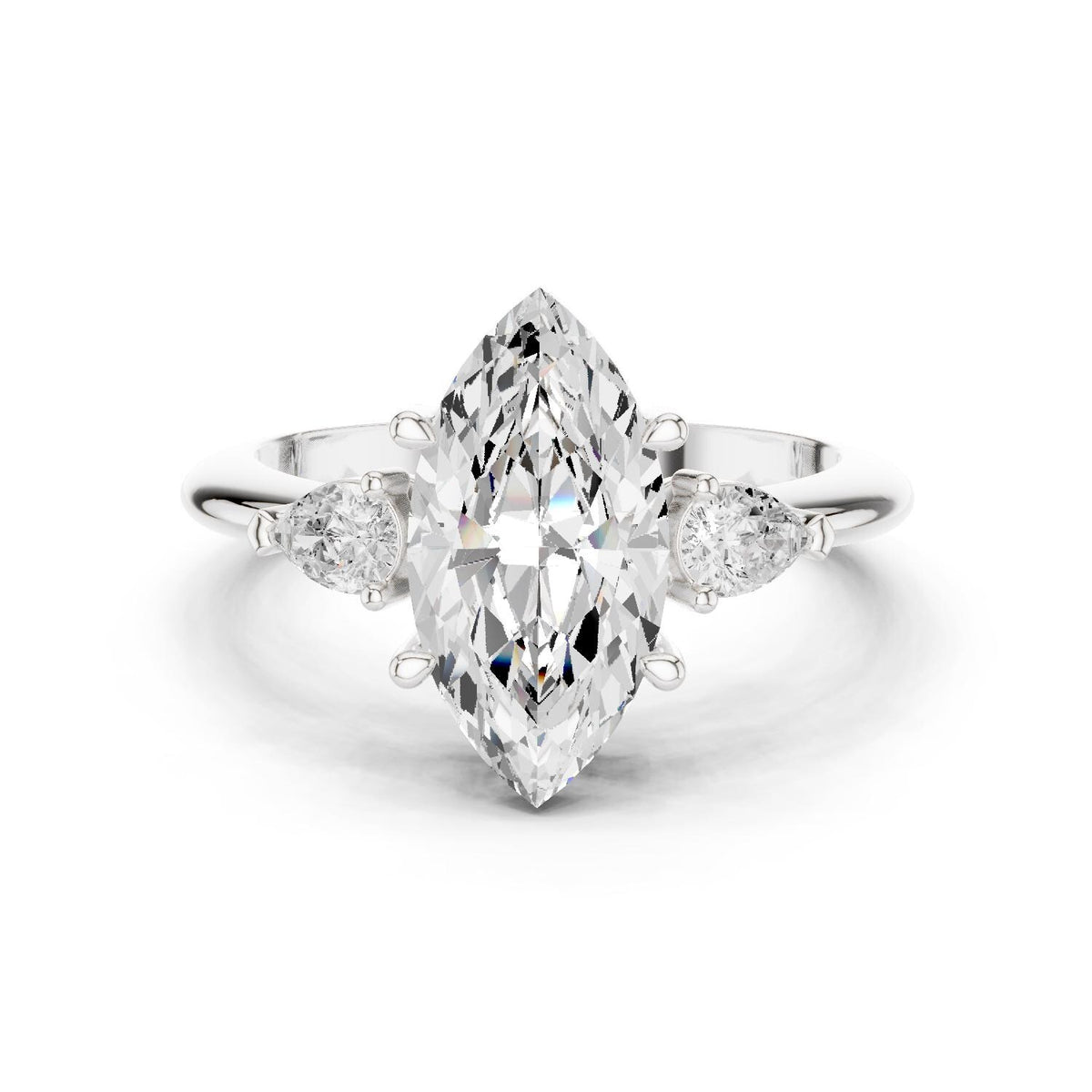 Marquise Moissanite Three-Stone Ring with Pear Side Stones – 925 Sterling Silver, 18K Gold Vermeil