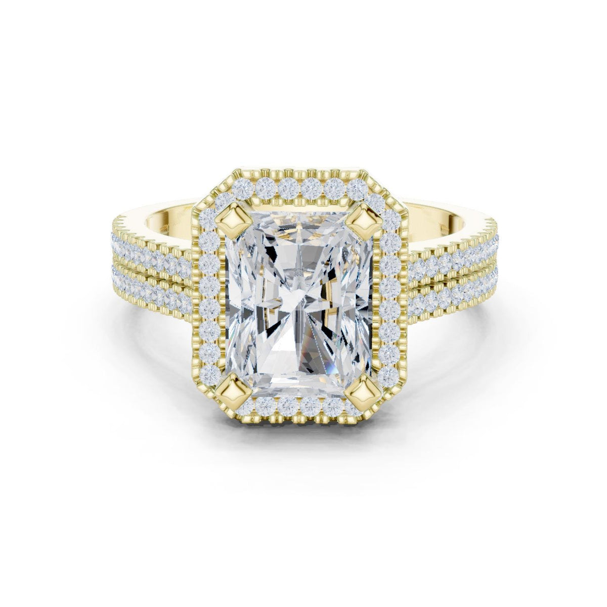 Radiant-Cut Moissanite Halo Ring with Triple-Row Pavé Band – 925 Sterling Silver, 18K Gold Vermeil