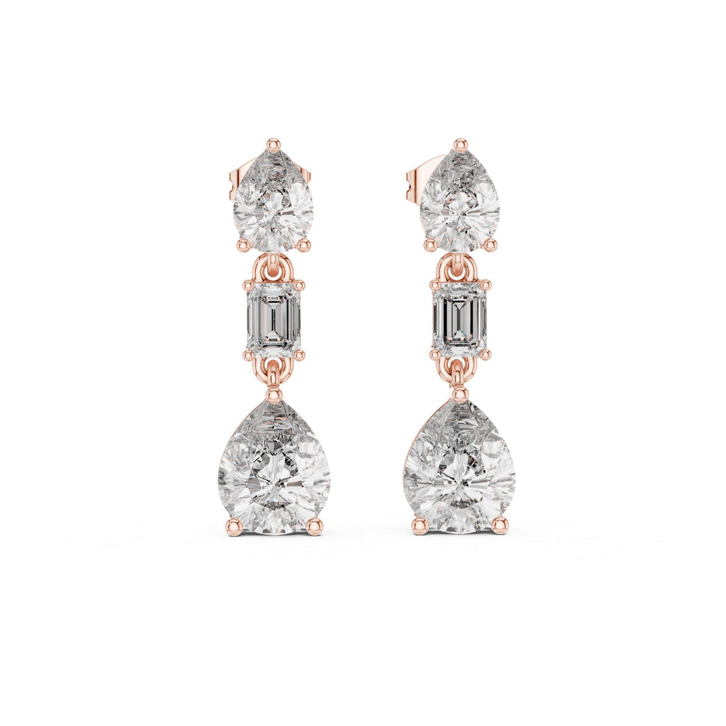 Pear & Emerald-Cut Moissanite Three-Stone Drop Earrings – 925 Sterling Silver, 18K Gold Vermeil