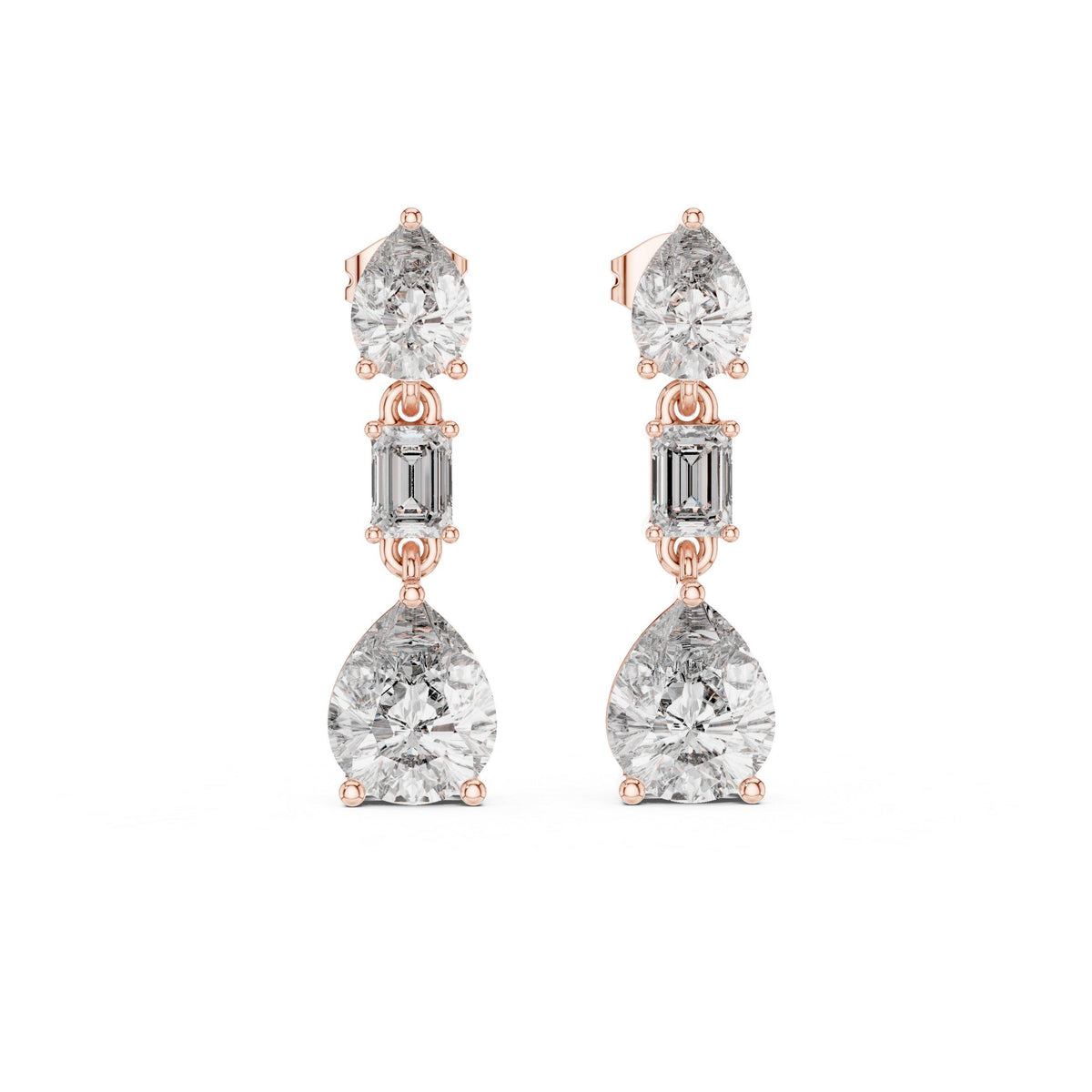 Pear & Emerald-Cut Moissanite Three-Stone Drop Earrings – 925 Sterling Silver, 18K Gold Vermeil