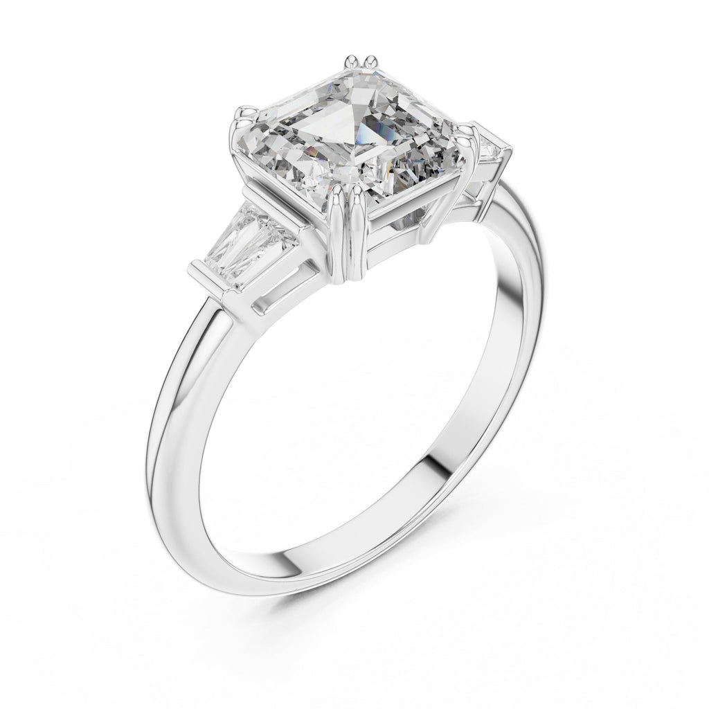 Square-Cut Moissanite Three-Stone Ring with Baguette Sides – 925 Sterling Silver, 18K Gold Vermeil