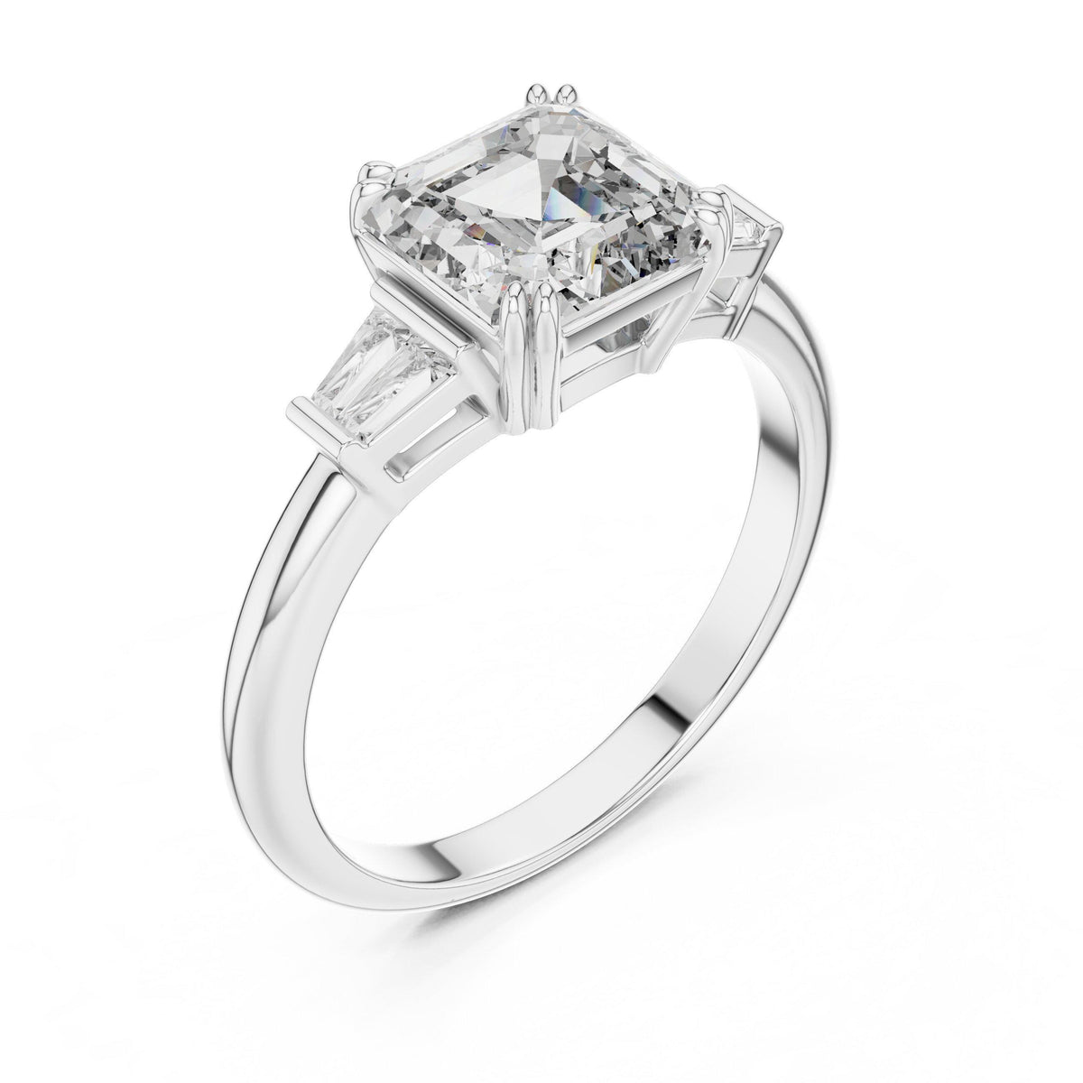Square-Cut Moissanite Three-Stone Ring with Baguette Sides – 925 Sterling Silver, 18K Gold Vermeil