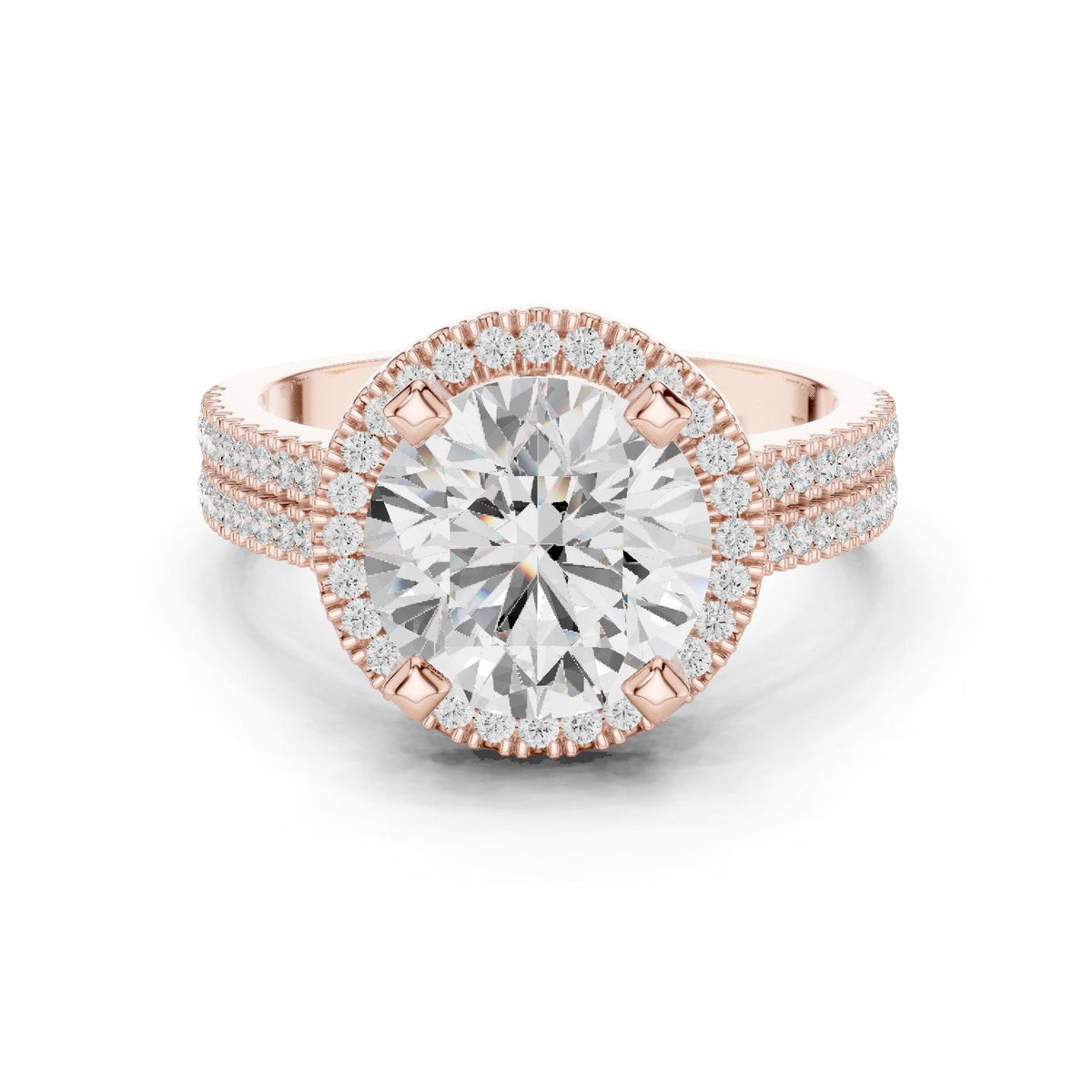 Round Moissanite Halo Ring with Triple-Row Pavé Band – 925 Sterling Silver, 18K Gold Vermeil