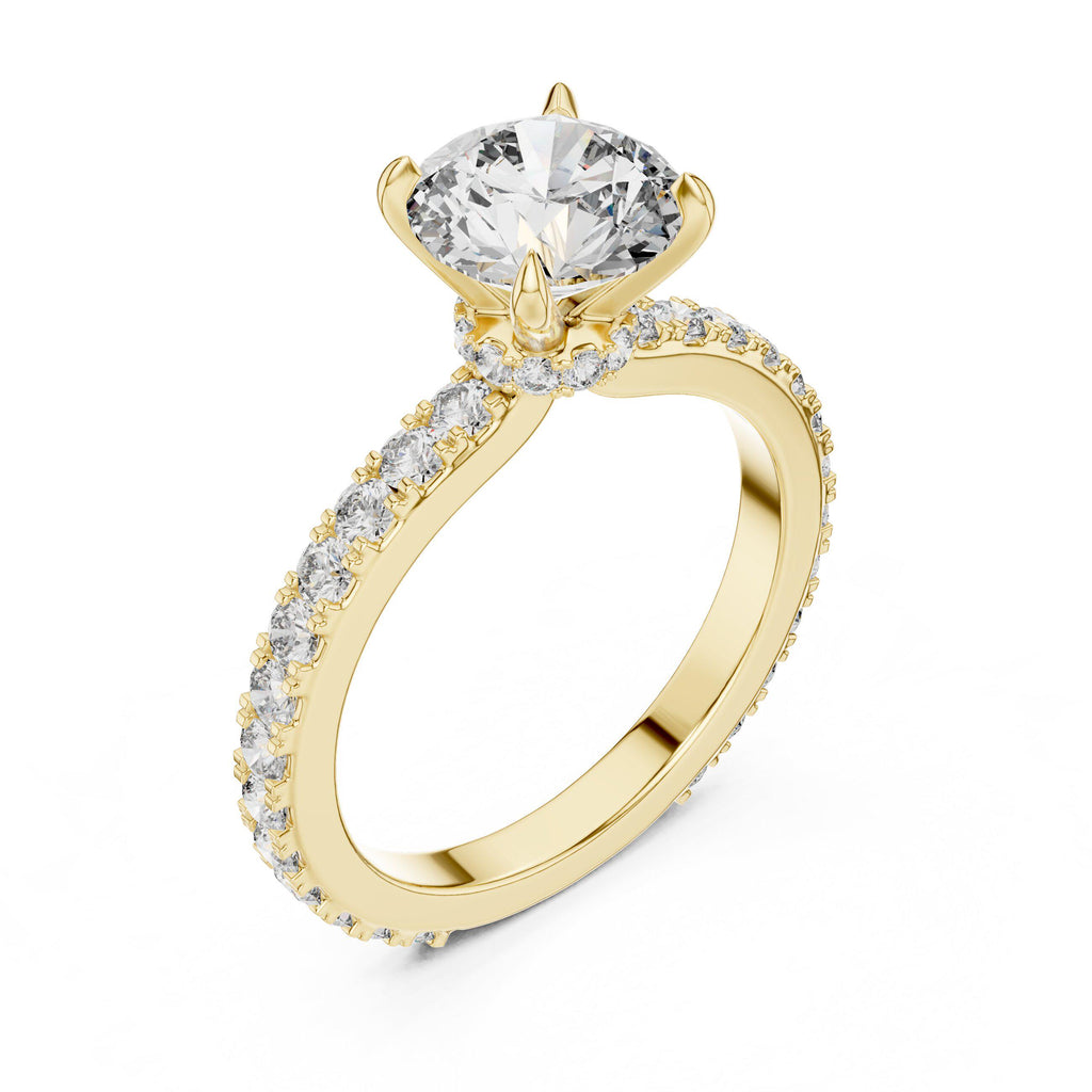 Round Moissanite Solitaire Ring with Pavé Band, Four-Prong – 925 Sterling Silver, 18K Gold Vermeil
