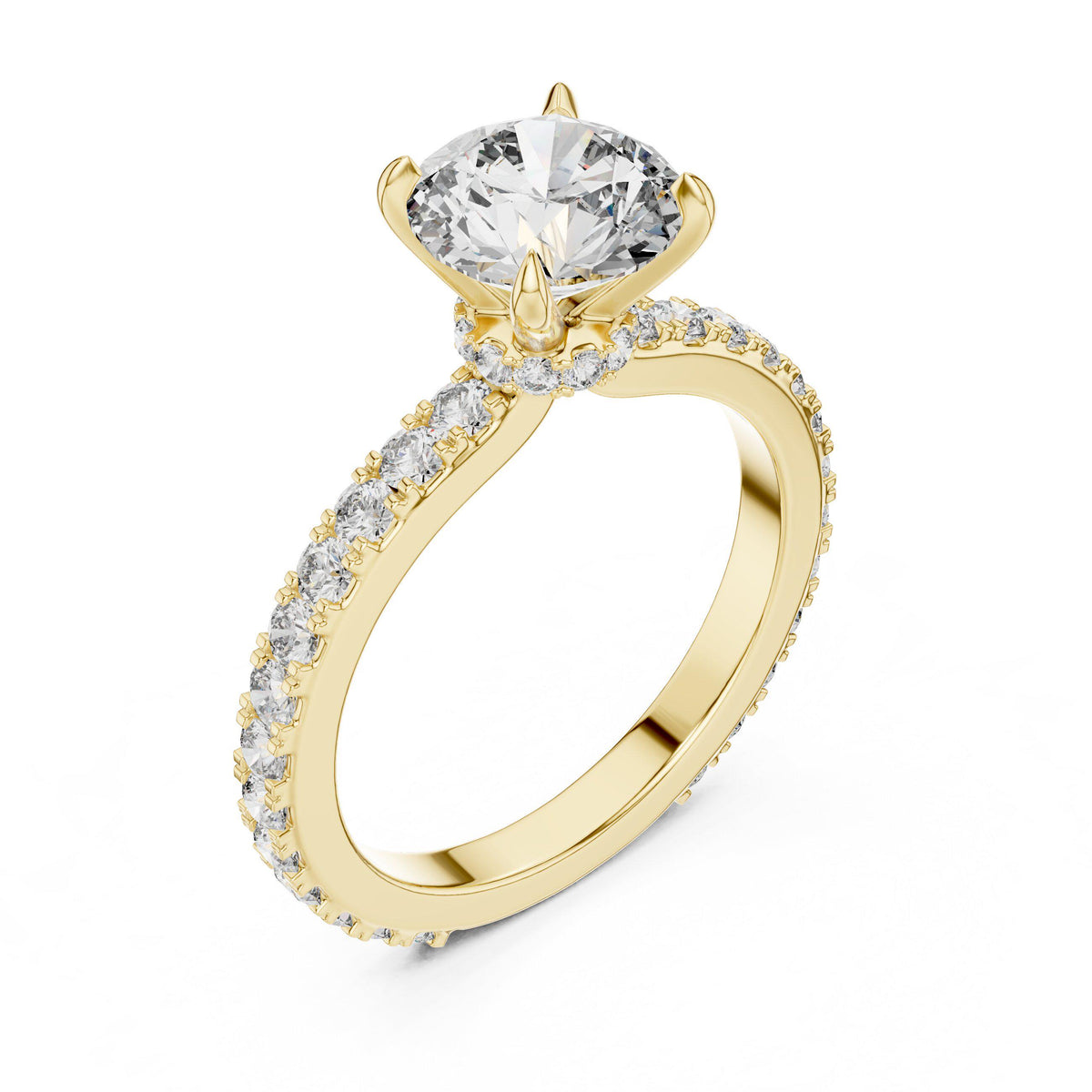 Round Moissanite Solitaire Ring with Pavé Band, Four-Prong – 925 Sterling Silver, 18K Gold Vermeil