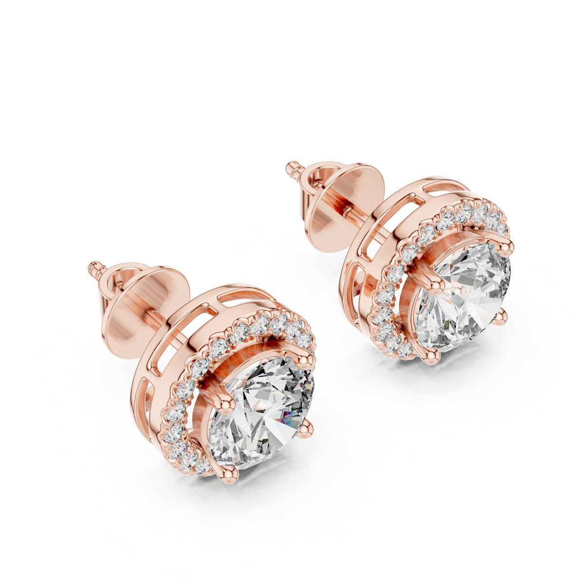 7mm Round Moissanite Halo Stud Earrings – 925 Sterling Silver, 18K Gold Vermeil