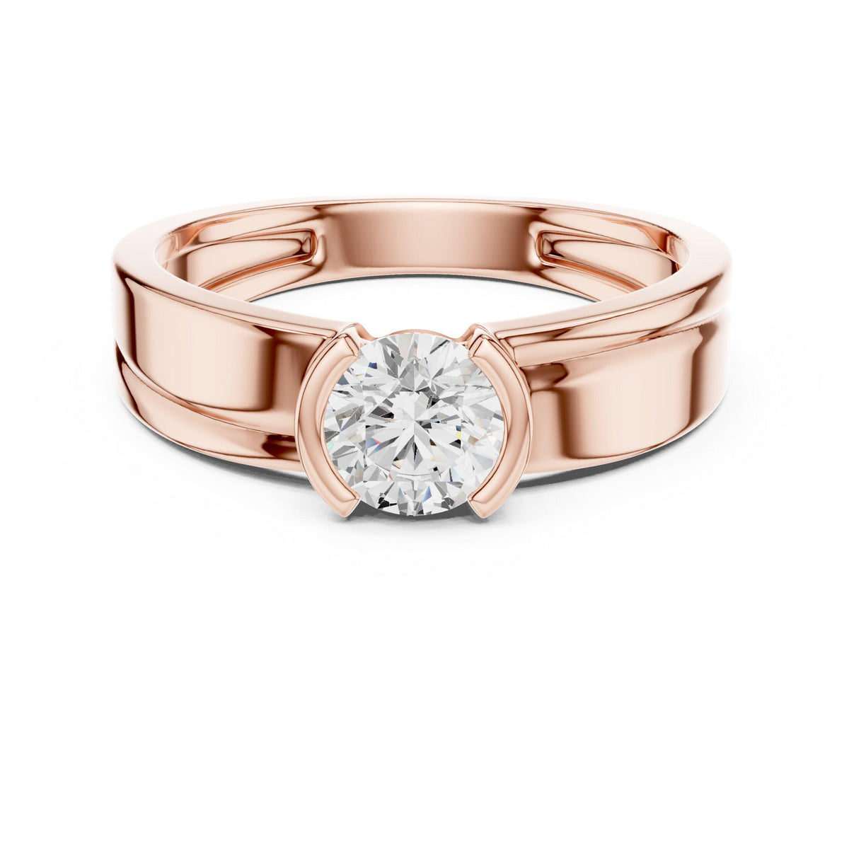 Men's Round Moissanite Solitaire Ring, Split Double Band – 925 Sterling Silver, 18K Gold Vermeil