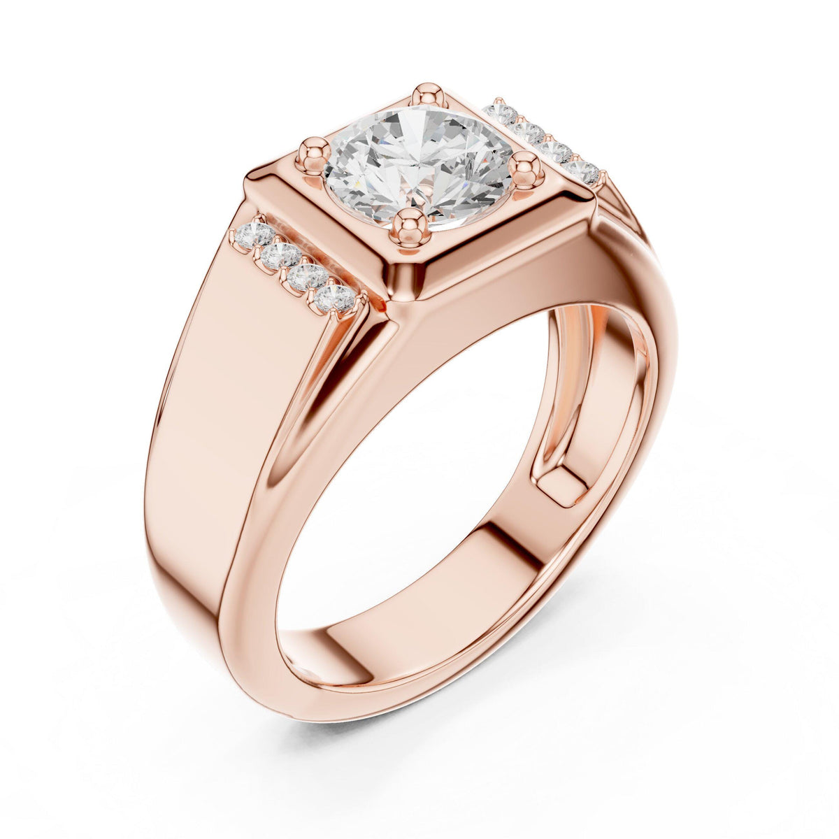 Men's Round Moissanite Ring with Pavé Shoulders – 925 Sterling Silver, 18K Gold Vermeil