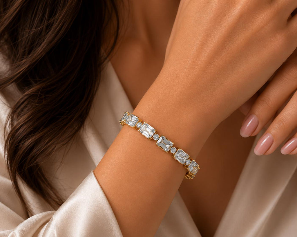 Emerald & Round Moissanite Tennis Bracelet – 925 Sterling Silver, 18K Gold Vermeil