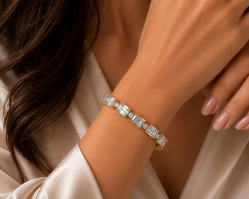 Emerald & Round Moissanite Tennis Bracelet – 925 Sterling Silver, 18K Gold Vermeil