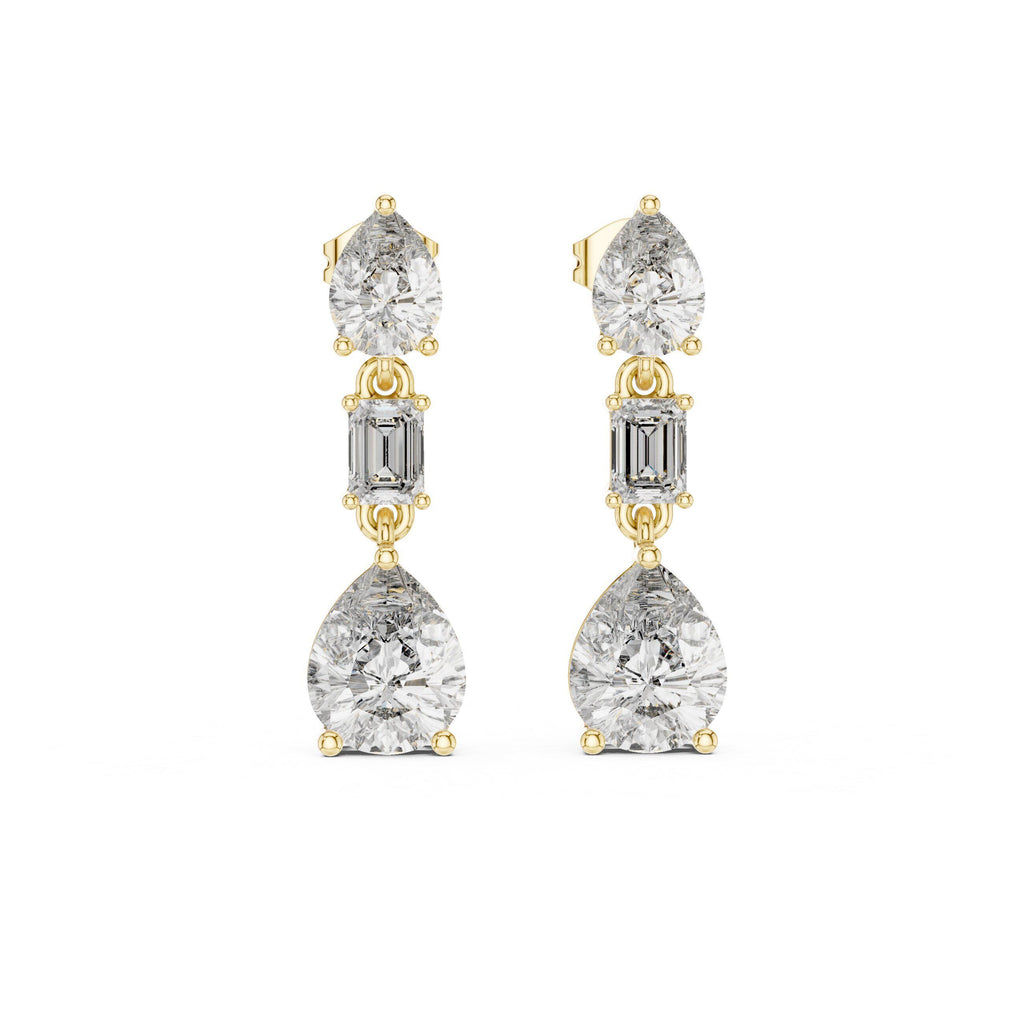 Pear & Emerald-Cut Moissanite Three-Stone Drop Earrings – 925 Sterling Silver, 18K Gold Vermeil