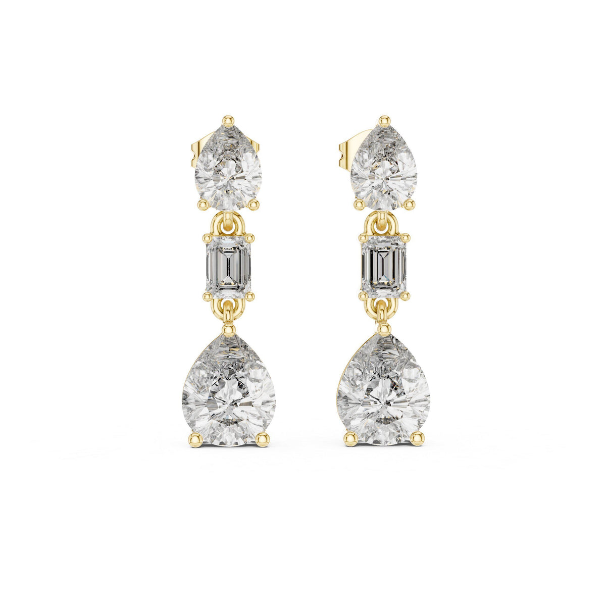 Pear & Emerald-Cut Moissanite Three-Stone Drop Earrings – 925 Sterling Silver, 18K Gold Vermeil