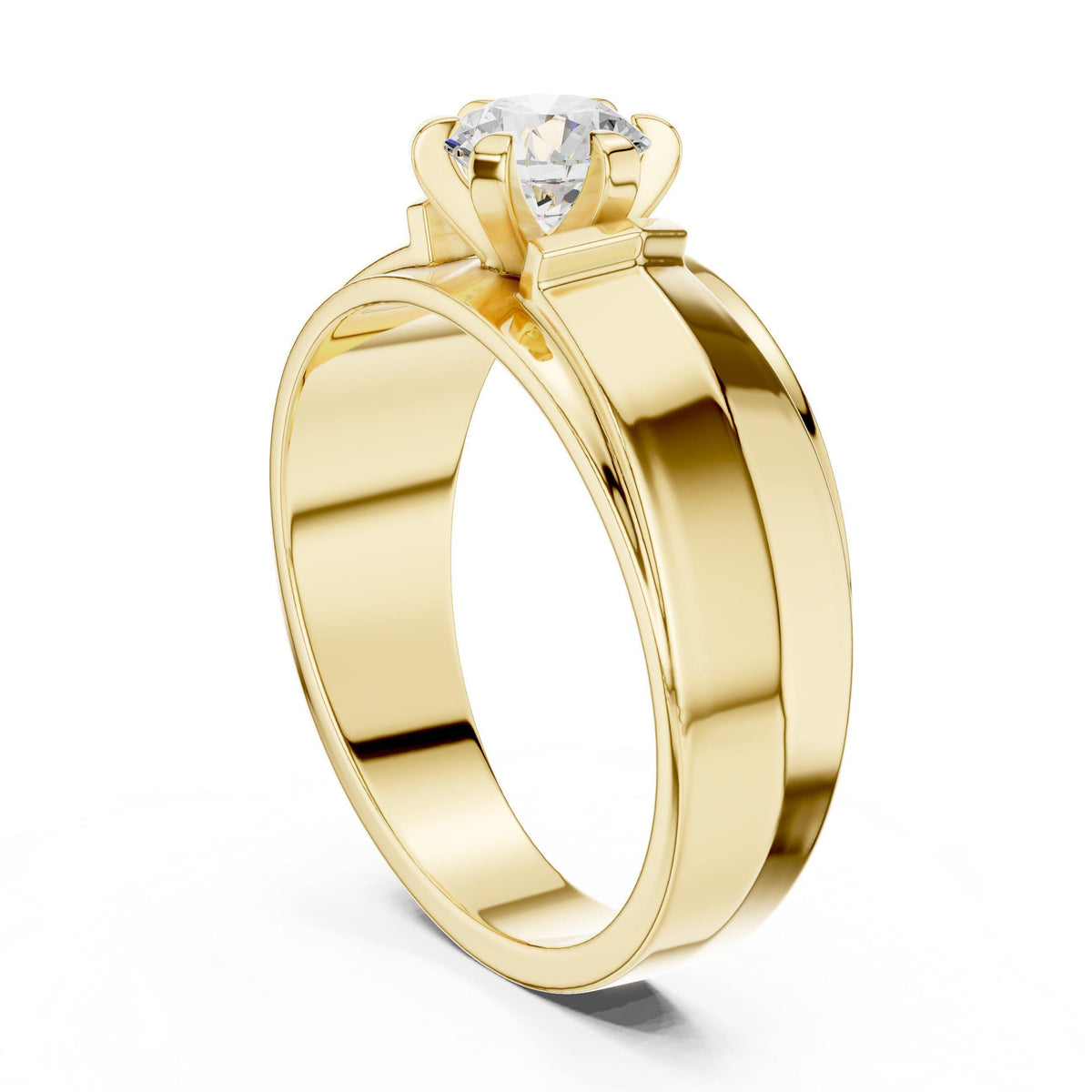Men's Round Moissanite Ring, Split Angled Band – 925 Sterling Silver, 18K Gold Vermeil
